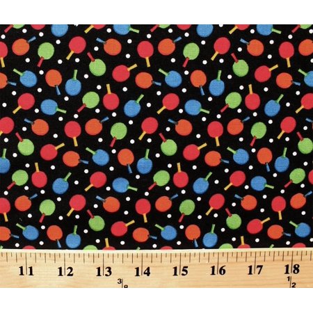 Cotton Ping Pong Table Tennis Mini Paddles Balls Sport Black Cotton Fabric Print by the Yard (mini-c1902)