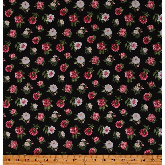 Cotton Pink Peonies on Black Bloom Mini Peony Floral Flowers Cotton Fabric Print by the Yard (25195-99)