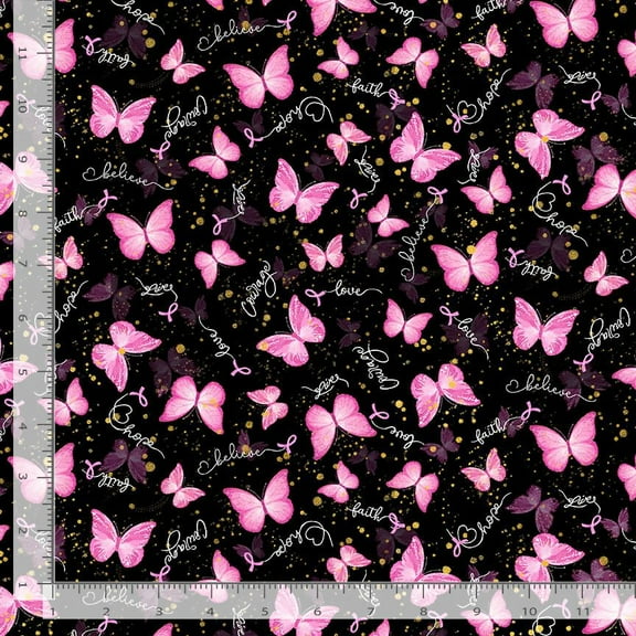 Cotton Pink Ribbons Butterflies Breast Cancer Awareness Faith Hope Believe Love Timeless Treasures Black Cotton Fabric Print by the Yard (FUN-CD3399 BLACK)