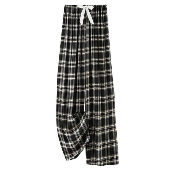 Cotton Pj Pants for Women Wide Leg Funny Print Capri Pajama Pants Lounge Sleep Causal Bottoms Cropped Trousers (One Size, Black-plaid)