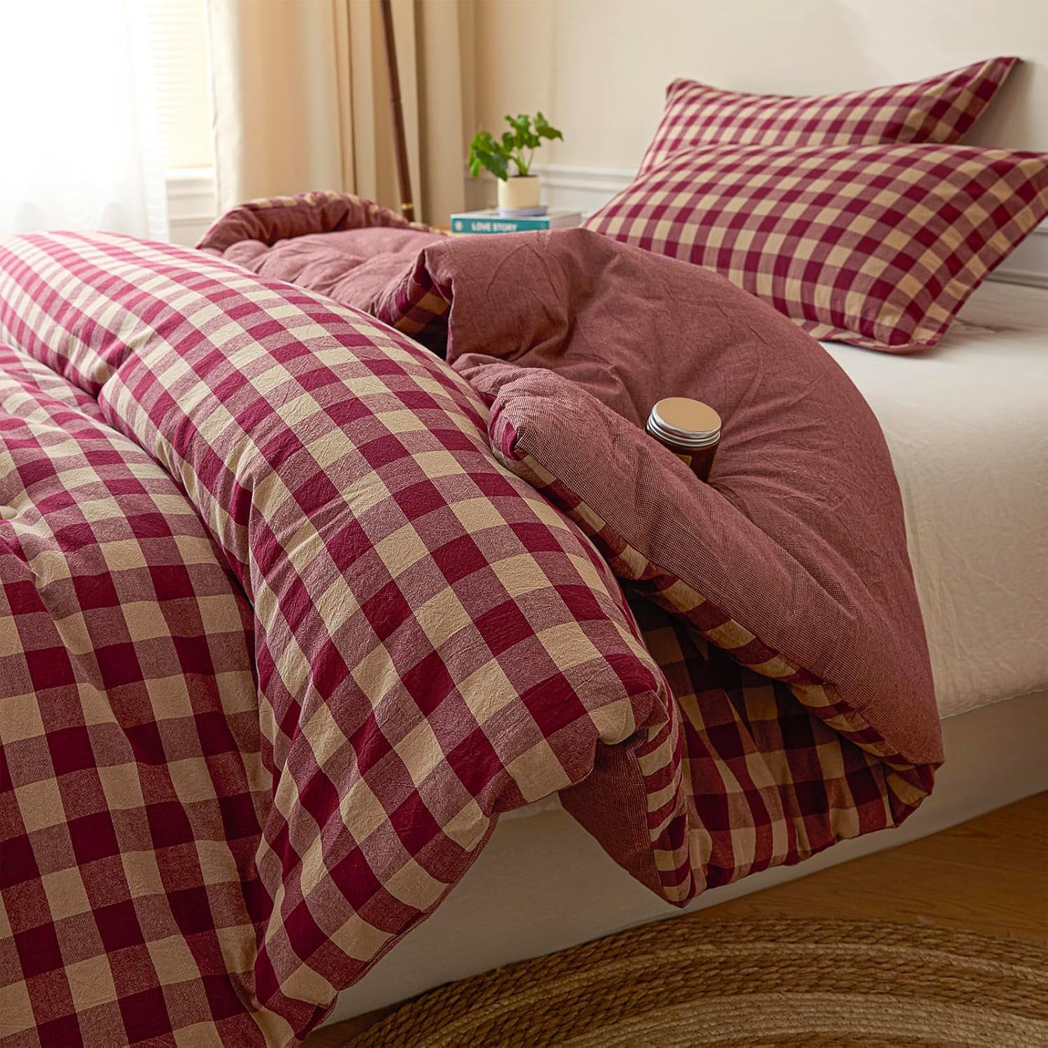 Cotton Plaid Queen Comforter Set Soft Lightweight Bedding 3 Pieces