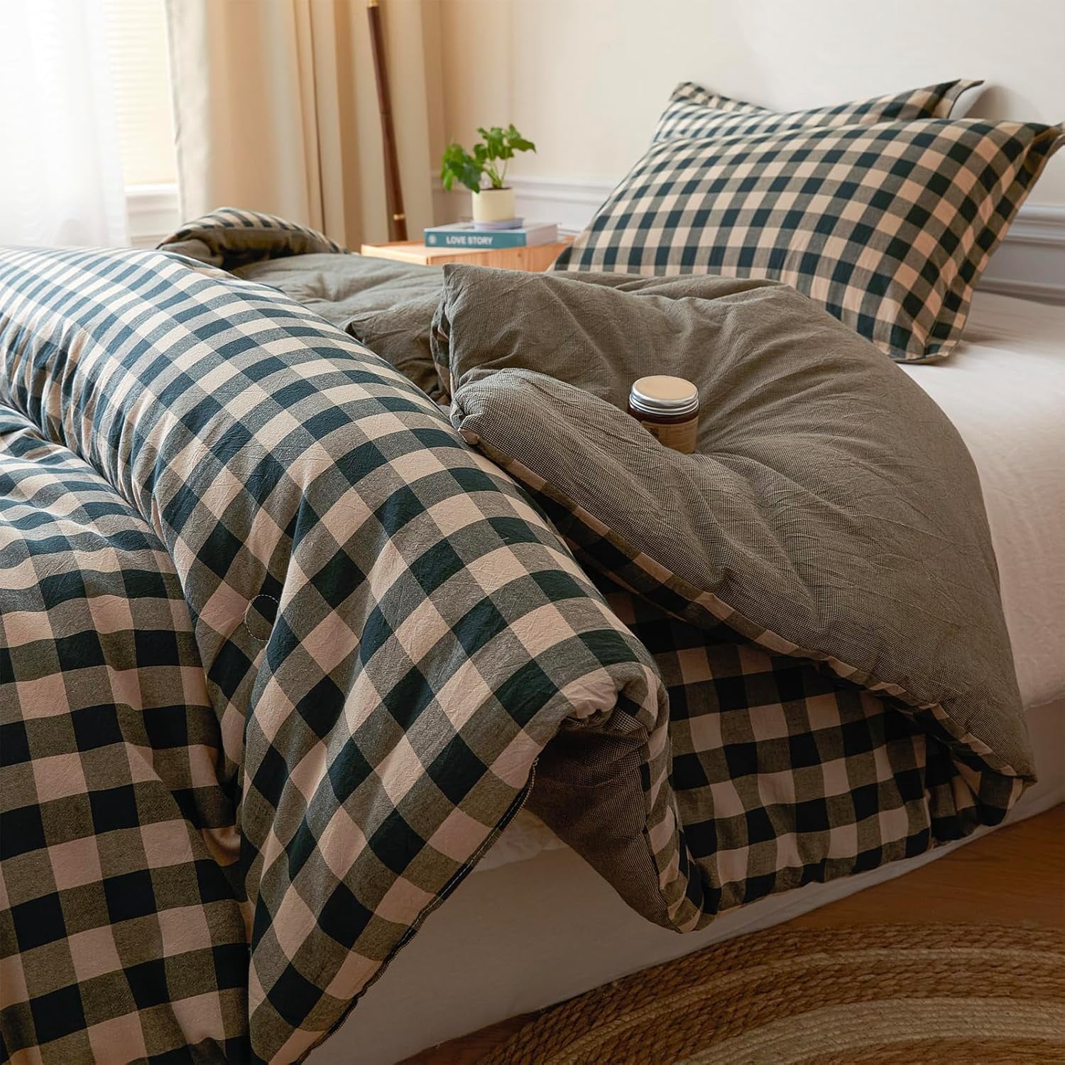 Cotton Plaid Queen Comforter Set Soft Lightweight Bedding 3 Pieces
