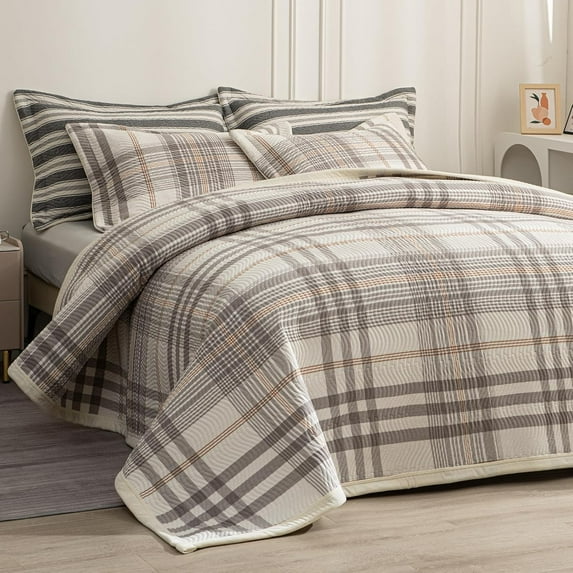 Cotton Plaid Quilt Set, Ultra Soft 3 Pieces Queen Size Bedding with 2 Pillow Shams, Lightweight Reversible Coverlet Bedspread with Wave Quilting for Summer, 90"x96", Grid-Black White