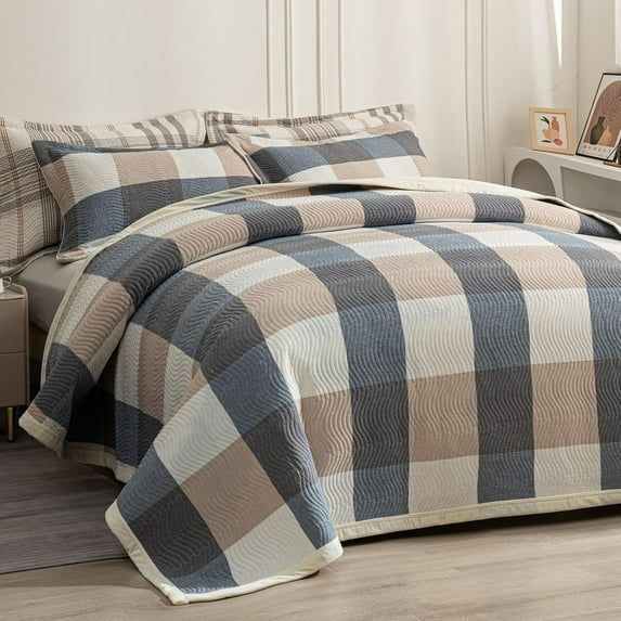 Cotton Plaid Quilt Set, Ultra Soft 3 Pieces Queen Size Bedding with 2 Pillow Shams, Lightweight Reversible Coverlet Bedspread with Wave Quilting for Summer, 90"x96", Grid-Beige Blue