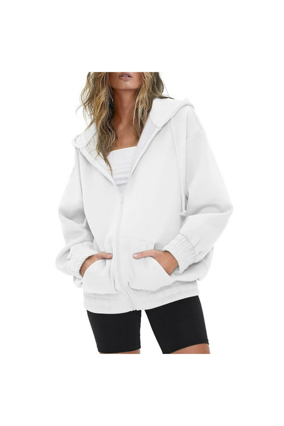 Cotton Plain Hoodie Jackets for Women Full Zip Casual Loose Spring Fall Winter Sweatshirt Lightweight Sports Coat (X-Large, White)