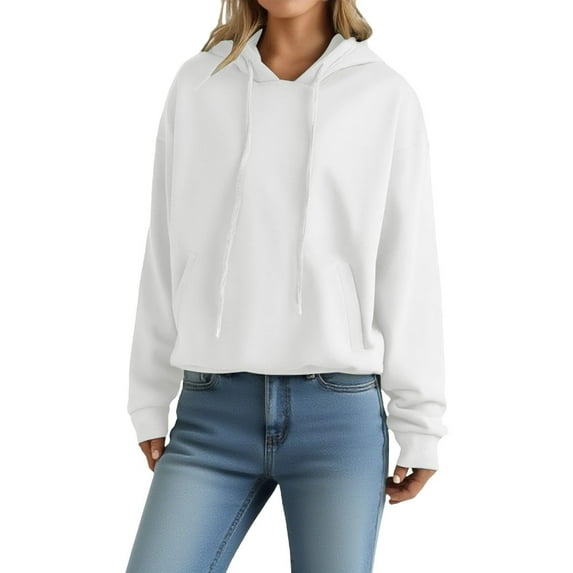 Cotton Plain Hoodie with Pocket Womens Drawstring Hooded Pullover Sweatshirt Loose Fall Winter Tops, White-A S
