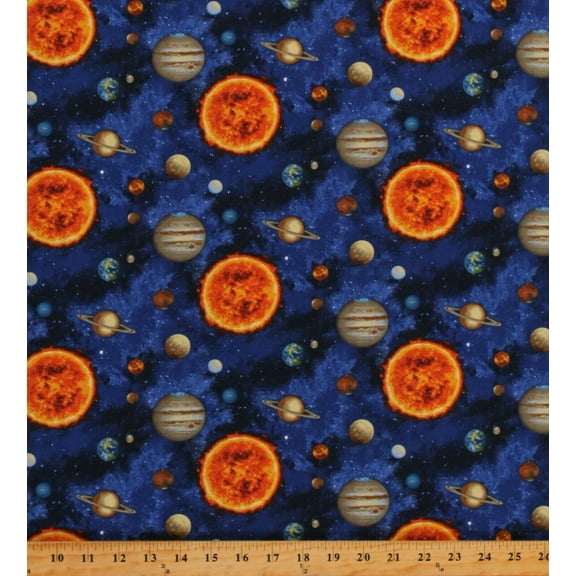 Cotton Planets Solar System Outer Space Galaxy Galaxies Sun Stars Blue Cotton Fabric Print by the Yard (5305-77)