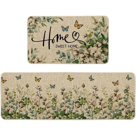 Cotton Plant Leaf Butterfly Home Spring Kitchen Mats Set of 2, Decor ...