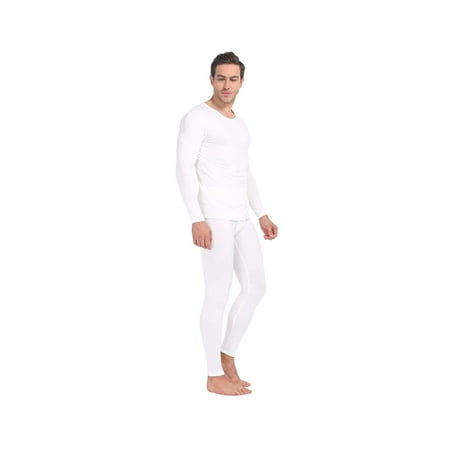 Cotton Plus Men's Thermal Base Layer Long Johns Cotton Blend Top And Bottom Set (White, S)