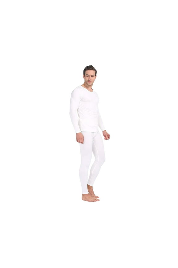 Cotton Plus Men's Thermal Base Layer Long Johns Cotton Blend Top And Bottom Set (White, S)