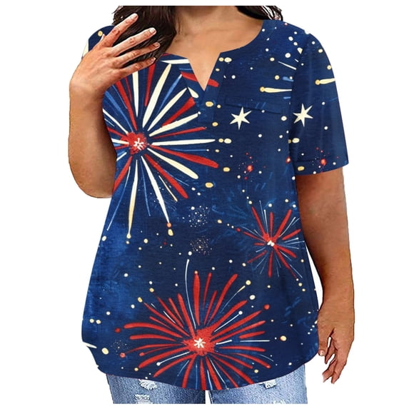 Cotton Plus Size T Shirt for Women Graphic Loose V Neck Top July 4th Print Short Sleeve L-5X Casual Large Tee (4X-Large, July 4th #1)