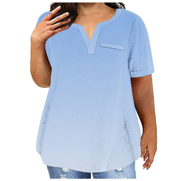 Cotton Plus Size T Shirt for Women Graphic Loose V Neck Top July 4th Print Short Sleeve L-5X Casual Large Tee (4X-Large, Light Blue)