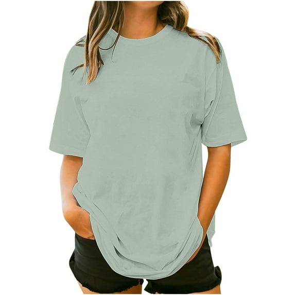 Cotton Plus Size T-shirts for Women Casual Summer Loose Fit Short Sleeve Workout Lounge Tshirts Solid Color (5XL, Green)