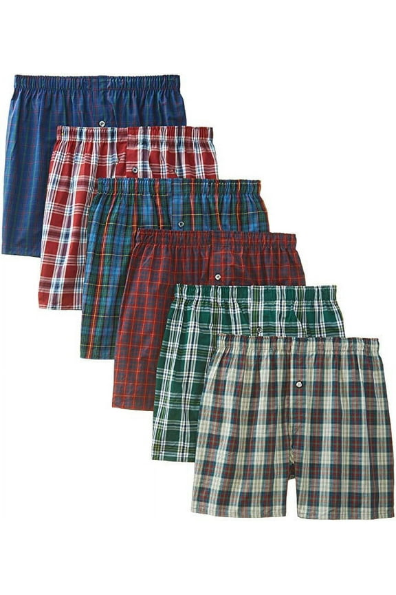 Men's Checker Plaid Shorts Trunk Assorted 100% Cotton Boxer Briefs, 6 Pack (LG)