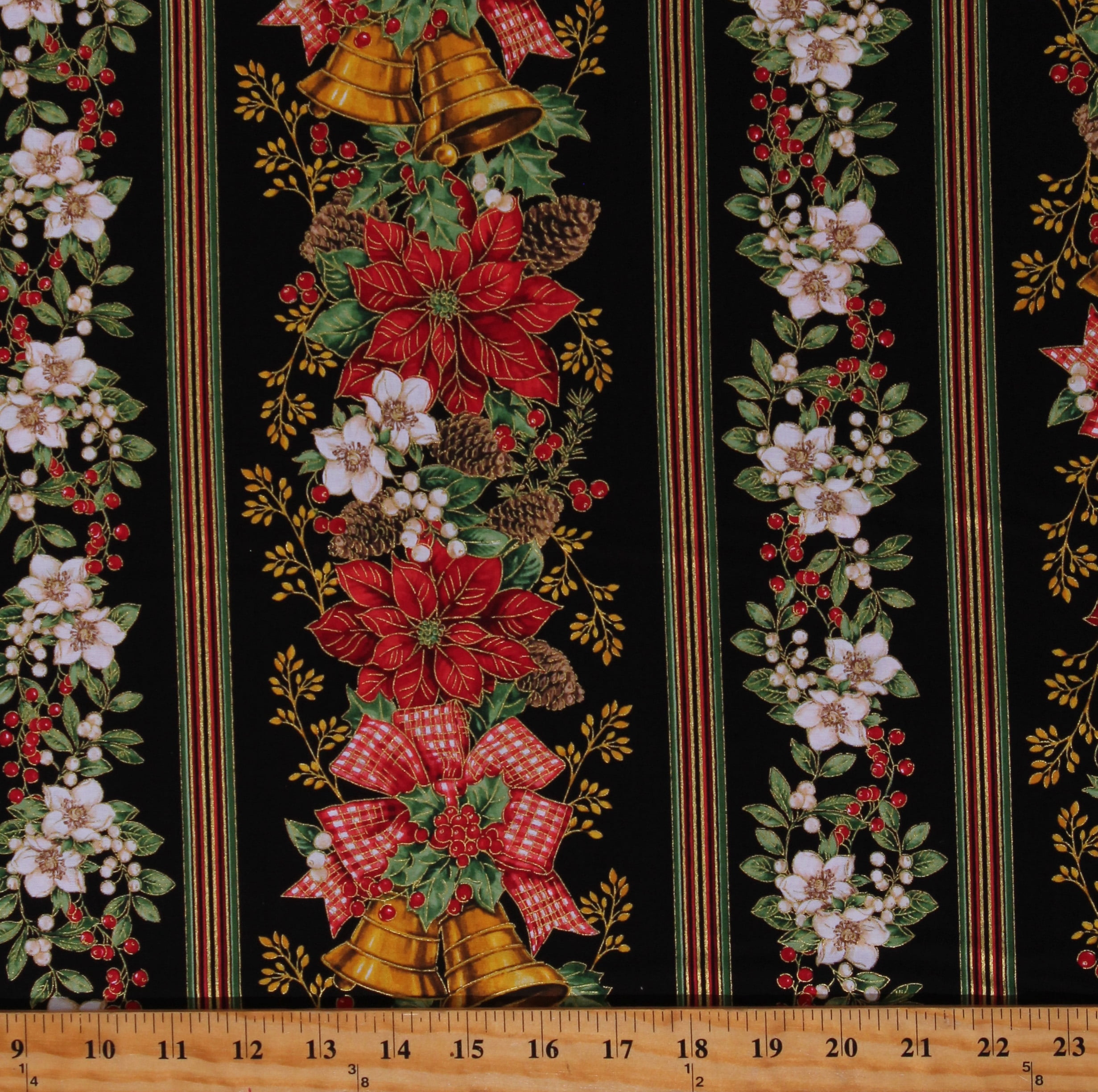 Cotton Poinsettia Holly Ivy Plants Flowers Christmas Winter Holidays Striped Black Cotton Fabric Print by the Yard (HOLIDAY-CM2051-BLACK)