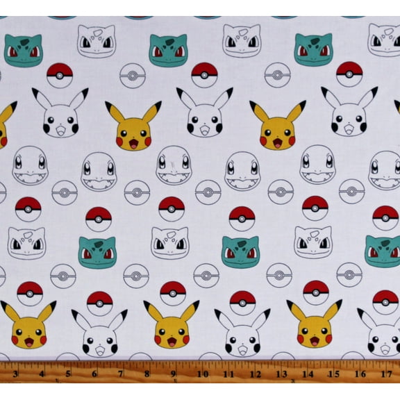 Cotton Pokemon Heads Faces Poke Balls Pikachuo Bulbasaur Charmander Nintendo Video Games Characters on White Cotton Fabric Print by the Yard (AOQ-74443-1WHITE)