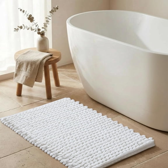 Cotton Polyester Popcorn Bath Rug 17"x24" White – 100% Cotton Scalloped Bath Mat, Anti‑Skid, Soft & Absorbent Bathroom Rug for Shower, Tub & Entryway
