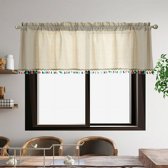 Cotton-Polyester Short Tassel Curtain 52x16.5-Inch Semi-Sheer Cabinet Door Partition for Kitchen