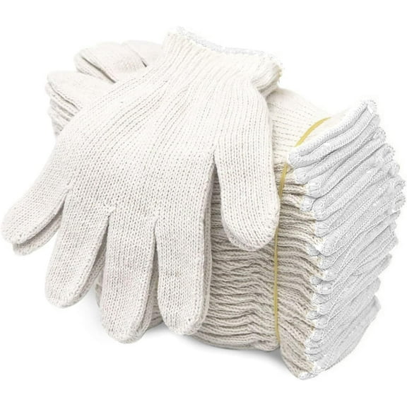 Cotton Polyester String Knit Shell Safety Protection Work Gloves for Painter Mechanic Industrial Warehouse Gardening Construction Men & Women 12 Pairs, no Dots, Large Size