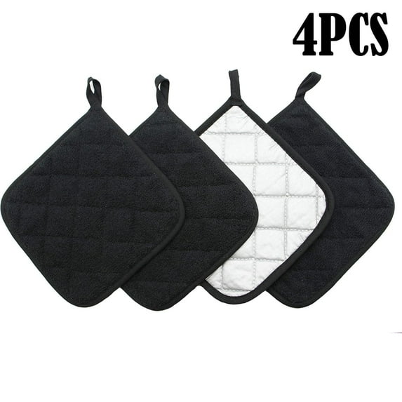 Cotton Pot Holders Cotton Made Machine Washable Heat Resistant Everyday Kitchen Basic Terry Pot Holder, Hot Pads, Trivet for Cooking and Baking Set of 4 (Black)