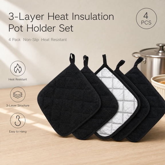 Cotton Pot Holders Cotton Made Machine Washable Heat Resistant Everyday Kitchen Basic Terry Pot Holder, Hot Pads, Trivet for Cooking and Baking Set of 4 (Black)
