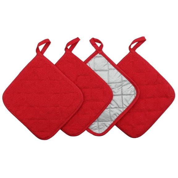Cotton Pot Holders Cotton Made Machine Washable Heat Resistant Everyday Kitchen Basic Terry Pot Holder, Hot Pads, Trivet for Cooking and Baking Set of 4 (Red)