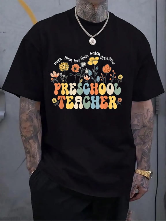 Cotton Preschool Teacher Appreciation Teaching Wildflowers T-Shirt Men's Casual Short Sleeve Graphic Tee