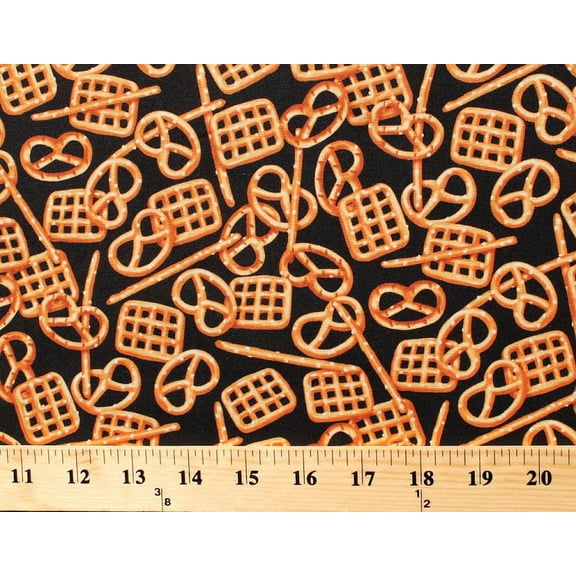 Cotton Pretzels Twists Sticks Grids Snaps Salty Food Snacks Kitchen Black Cotton Fabric Print by the Yard (gm-c2074-pretzel)