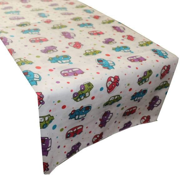 Cotton Print Table Runner Cars and Trucks White