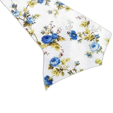 Cotton Print Table Runner Floral Vintage Flowers Blue on White