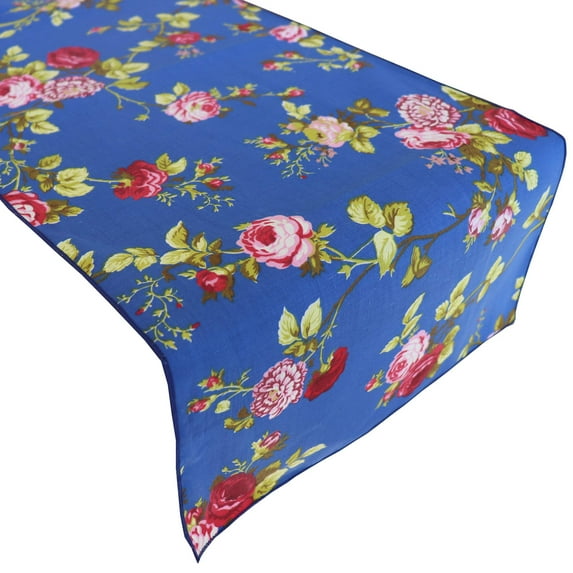 Cotton Print Table Runner Floral Vintage Flowers Royal Blue