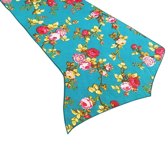 Cotton Print Table Runner Floral Vintage Flowers Teal