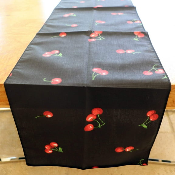Cotton Print Table Runner Fruits Cherries Spread Black