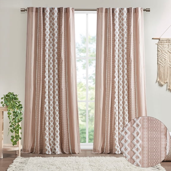 Cotton Printed Curtain Panel with Chenille Stripe and Lining Blush 50x84
