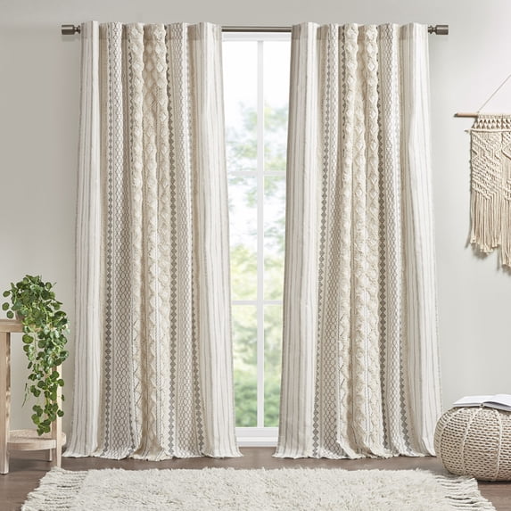 Cotton Printed Curtain Panel with Chenille Stripe and Lining, Decorative Boho Curtains with Tassels for Kitchen Bedroom, 1 Panel
