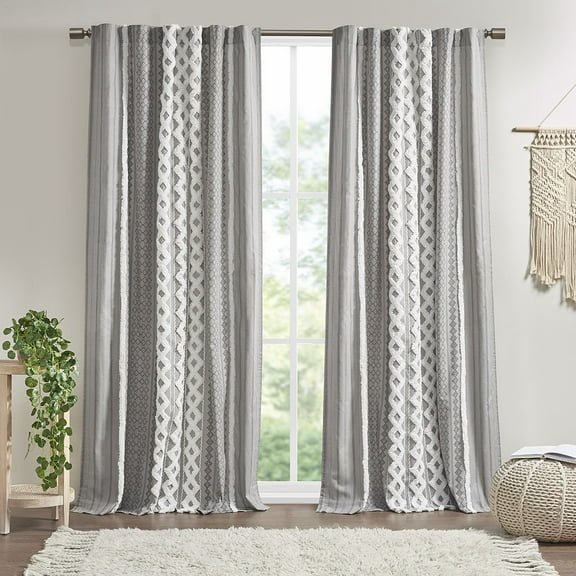 Cotton Printed Curtain Panel with Chenille Stripe and Lining Gray 50x84"