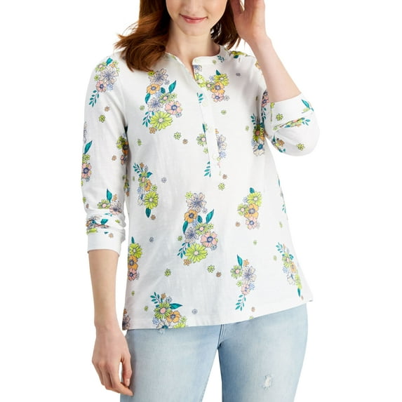 Cotton Printed Henley Top Retro White XS