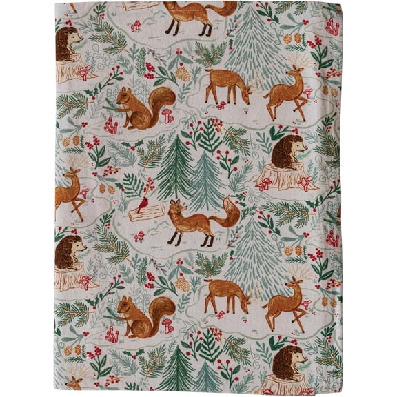 Cotton Printed Tablecloth with Woodland Flora and Fauna Pattern, Multicolor