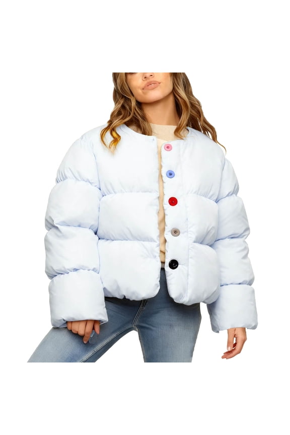 Cotton Puffer Coat for Women Winter Warm Collarless Colorful Button Down Quilted Trendy Crop Jacket Outerwear (M, White)