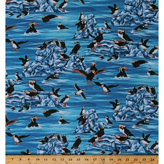 Cotton Puffins Birds Seabirds Animals Ice Blue Water The Last Frontier Digital Cotton Fabric Print by the Yard (SRKD-8864-246WATER)