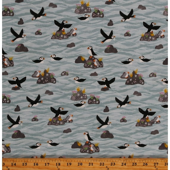 Cotton Puffins Puffin Bay Birds Seabirds Rocks Blue Fabric Print by Yard D767.77