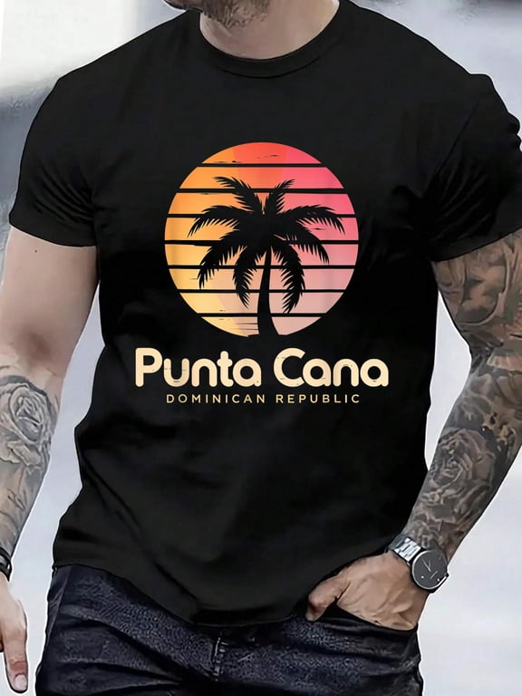 Cotton Punta Cana Palm Tree Sunset Travel Dominican Republic T-Shirt Men's Casual Short Sleeve Graphic Tee