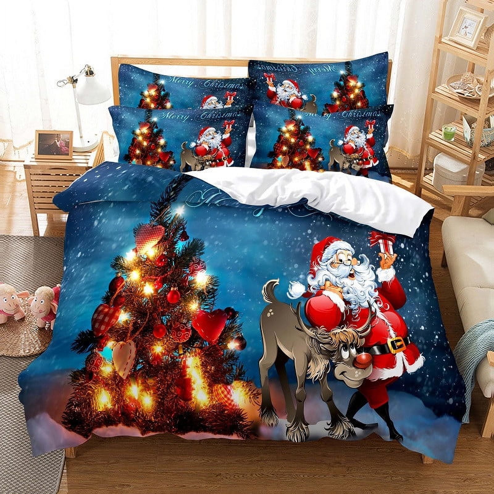 Cotton Queen Christmas Flannel Sheet Set Deep Pocket Fitted Sheet, Holiday Sheets Warm Bed