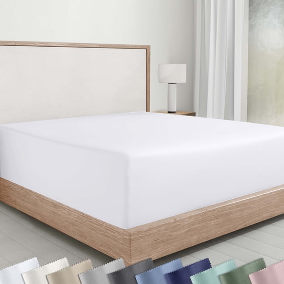 Cotton Queen Fitted Sheet Only, Sateen, Deep Pocket, All-Around Elastic, Head/Foot Side Indicators, Bright White