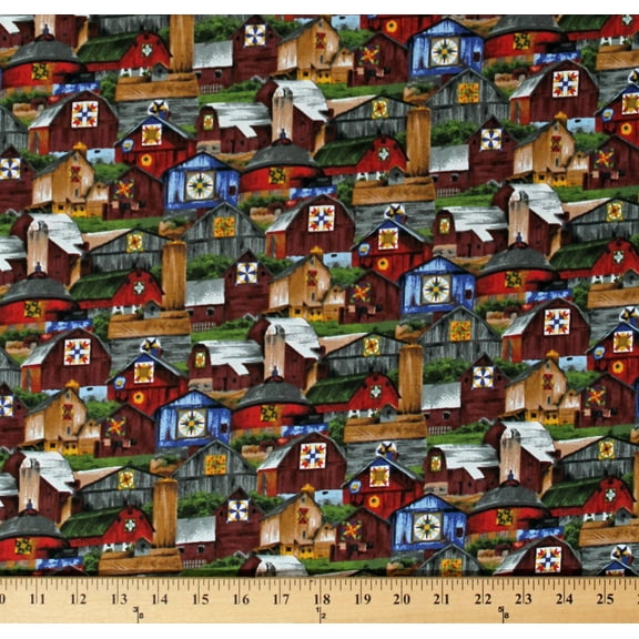Cotton Quilt Barns and Bridges Country Landscape Farm River's Bend Cotton Fabric Print by the Yard (TRO-1732-BARN)