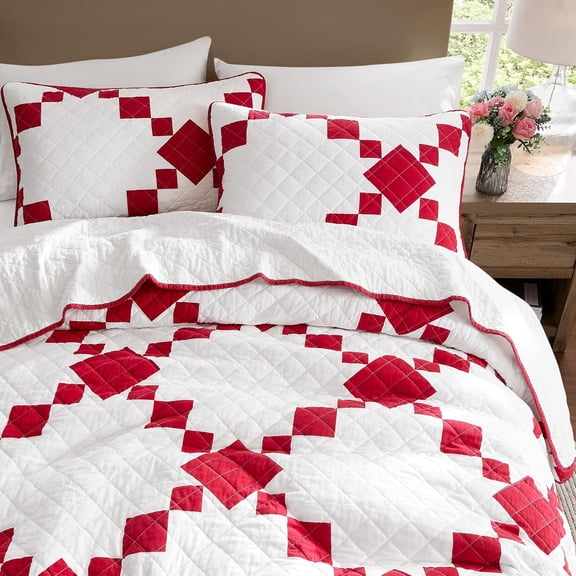 Cotton Quilt King Size, Lightweight Reversible Gingham Patchwork Bedding Set with 2 Pillow Shams, Red Block Pattern Farmhouse Bedspread Shabby Chic Coverlet Thin Comforter All Season