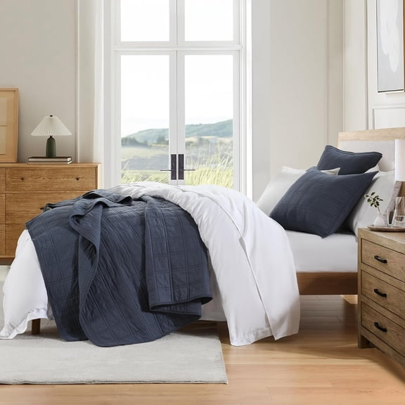 Cotton Quilt Set Twin Size, Denim Blue Pre-Washed Bedspreads Coverlet Set in Geometric Pattern, Cozy Lightweight Stitching Decorative Bedding Cover with 1 Sham for All Season