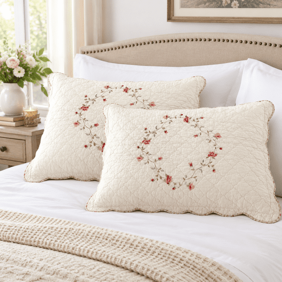 Cotton Quilted Decorative Pillow Sham Set, 2 King Size Pieces, Cream Floral Embroidery