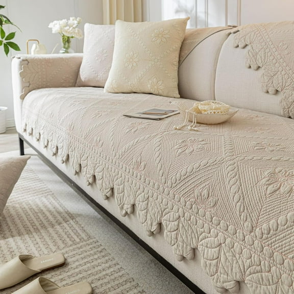 Cotton Quilted Dog Couch Cover for Sofa Farmhouse Rustic Embroidery Sectional Couch Cover Soft Anti-Slip Sofa Slipcover Furniture Protector for Kids, Pets (Khaki,28"x28")