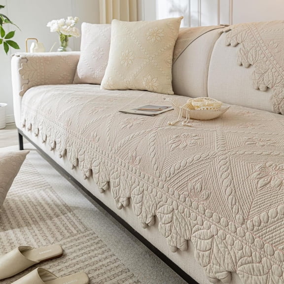 Cotton Quilted Dog Couch Cover for Sofa Farmhouse Rustic Embroidery Sectional Soft Anti-Slip Slipcover Furniture Protector Kids, Pets (Khaki,28"x28")